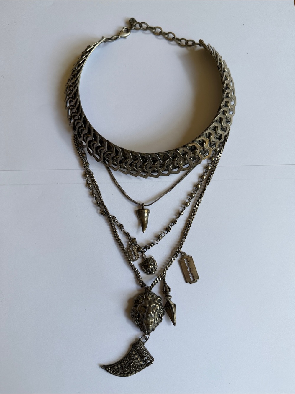 Dylanlex Archive Silver-Tone Statement Necklace with Lion and Charm Pendants